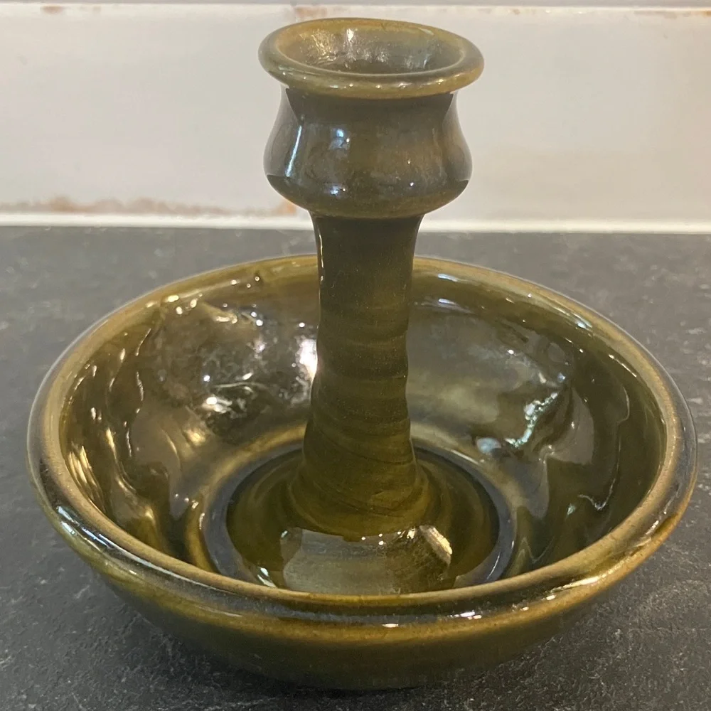 Vintage Green Glazed Ceramic Candlestick Holder Cottagecore Farmhouse Decor